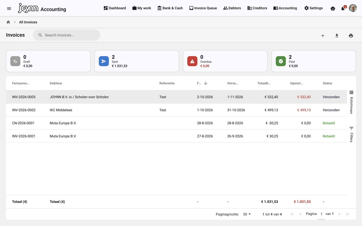Sales invoices on the entity, with status and the amount still open.