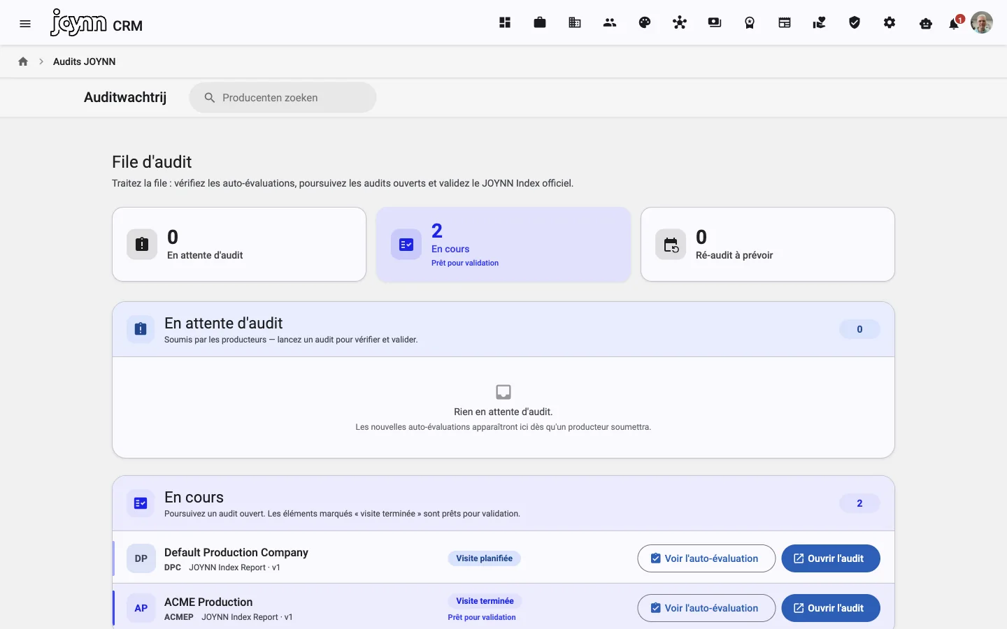 La file d'audit : travail ouvert, une visite prévue, et la signature.