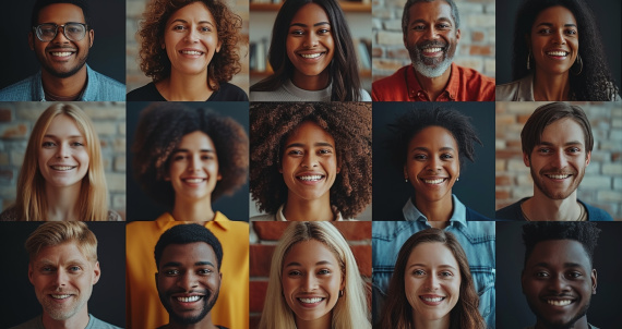 Composite portrait collage of a large group of smiling people contacting each other via 4G or 5G connections